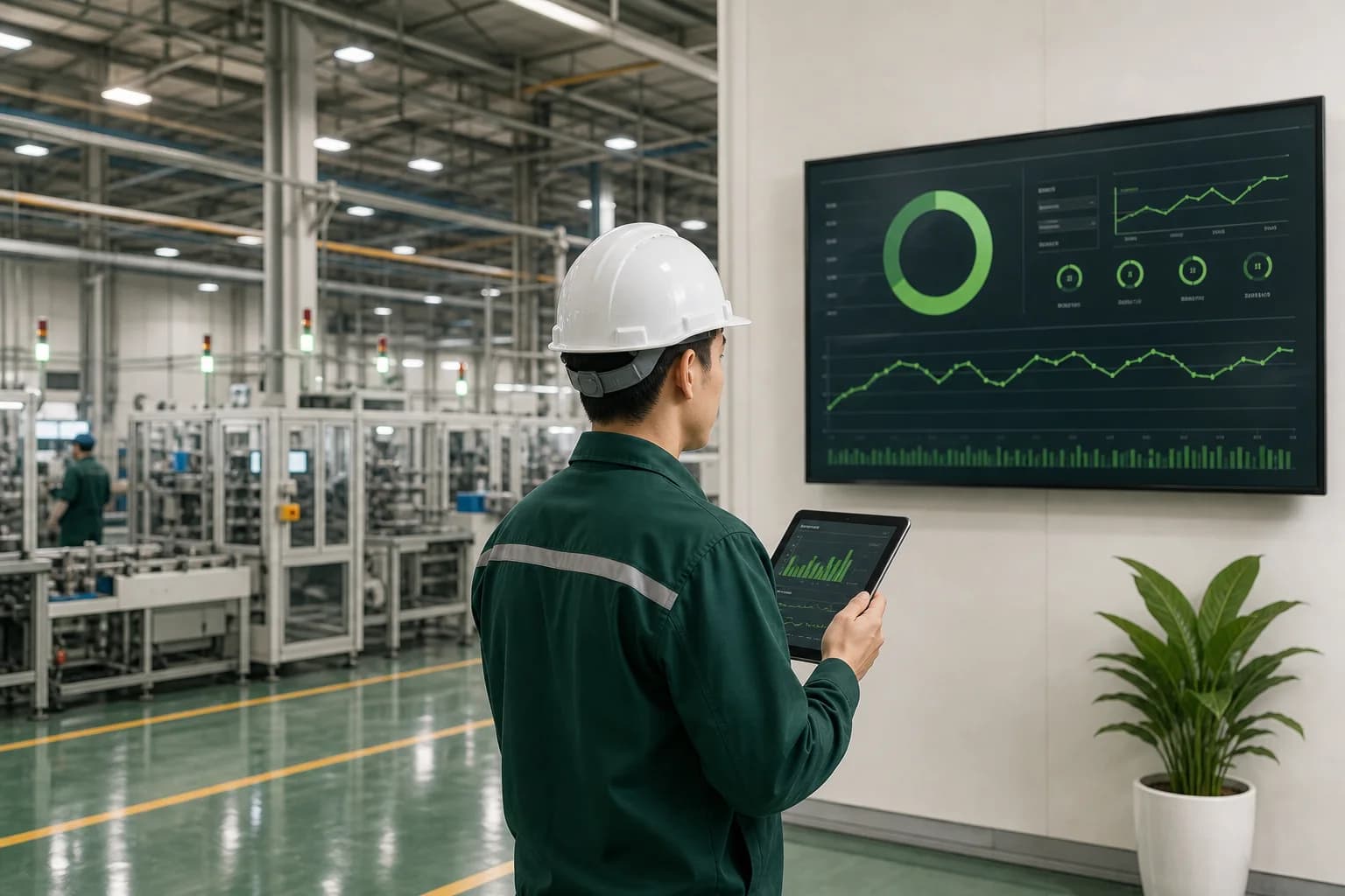 最新の​製造工場で​稼働状況を​確認する​エンジニア