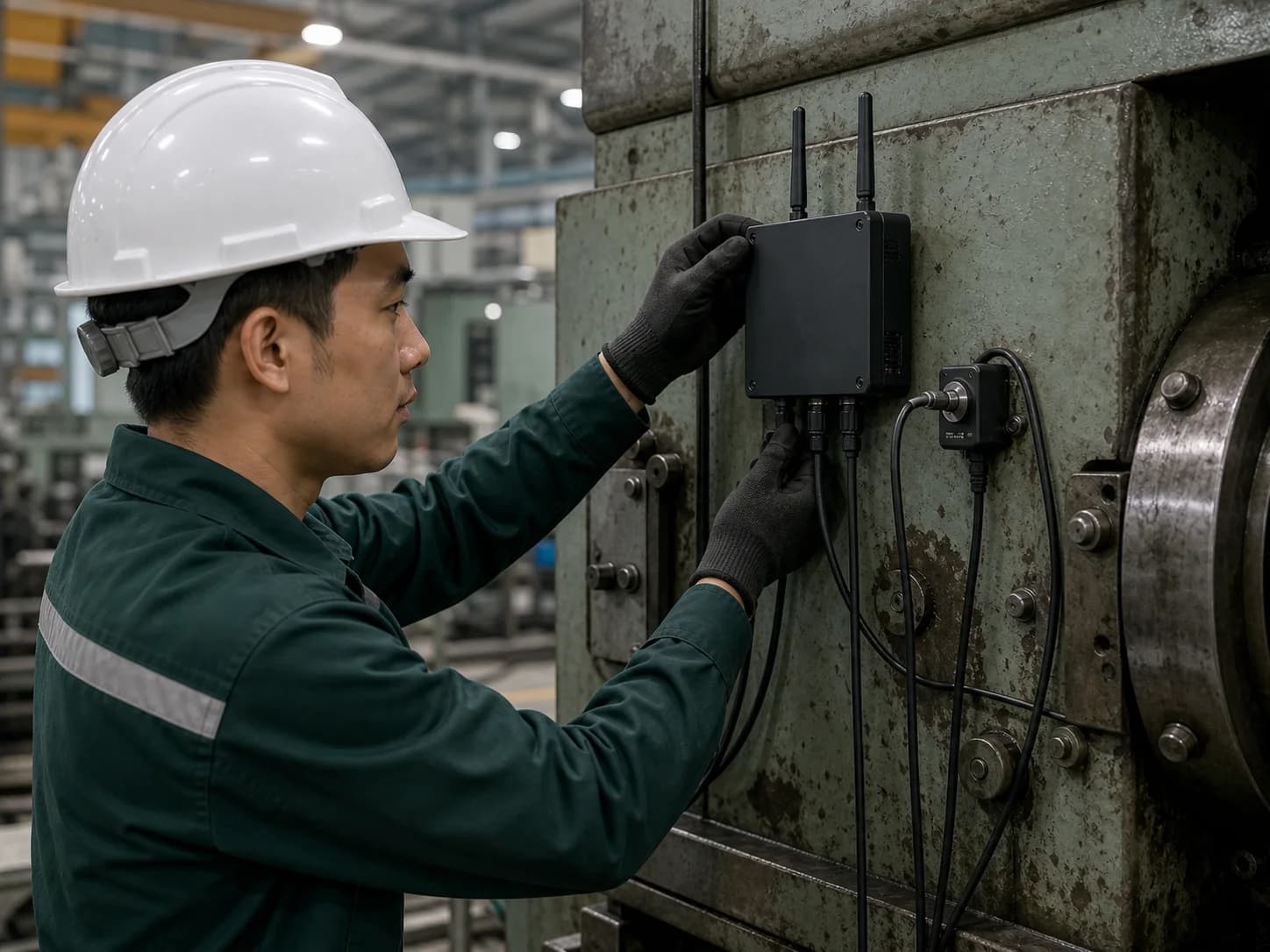 旧型設備に​IoT Gatewayを​設置する​エンジニア