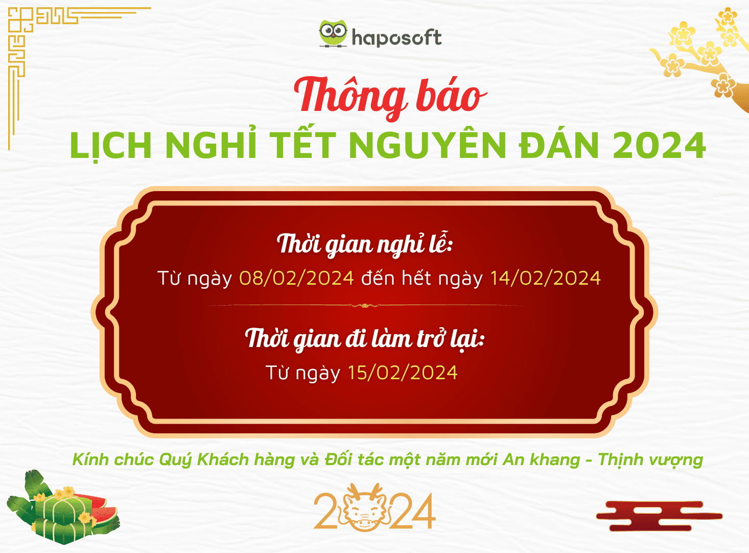 THÔNG BÁO LỊCH NGHỈ TẾT NGUYÊN ĐÁN 2024