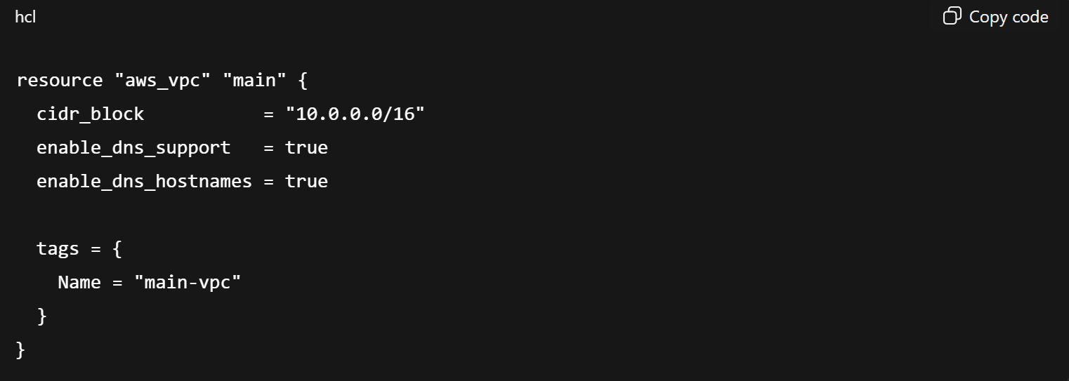Create the VPC: Define the main network boundary (CIDR + DNS) for all resources.