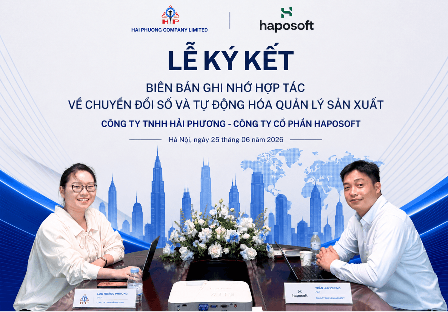 Lãnh đạo Haposoft và Hải Phương tại lễ ký kết, mở đầu cho quan hệ hợp tác chiến lược giữa hai doanh nghiệp.