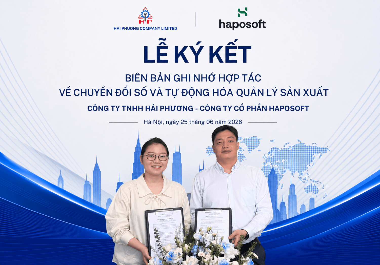Nghi thức ký kết đánh dấu bước khởi đầu cho chương trình hợp tác chuyển đổi số giữa Haposoft và Hải Phương.