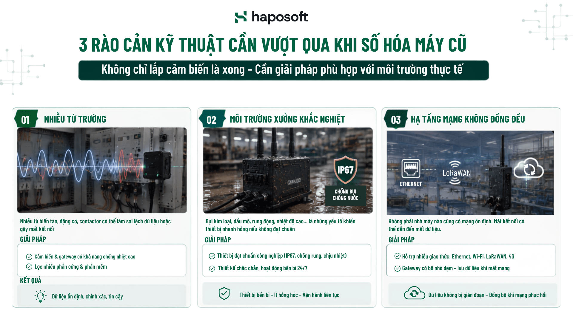 Để số hóa máy cũ hiệu quả, doanh nghiệp cần xử lý các vấn đề về nhiễu tín hiệu, môi trường công nghiệp khắc nghiệt và hạ tầng mạng không đồng đều.