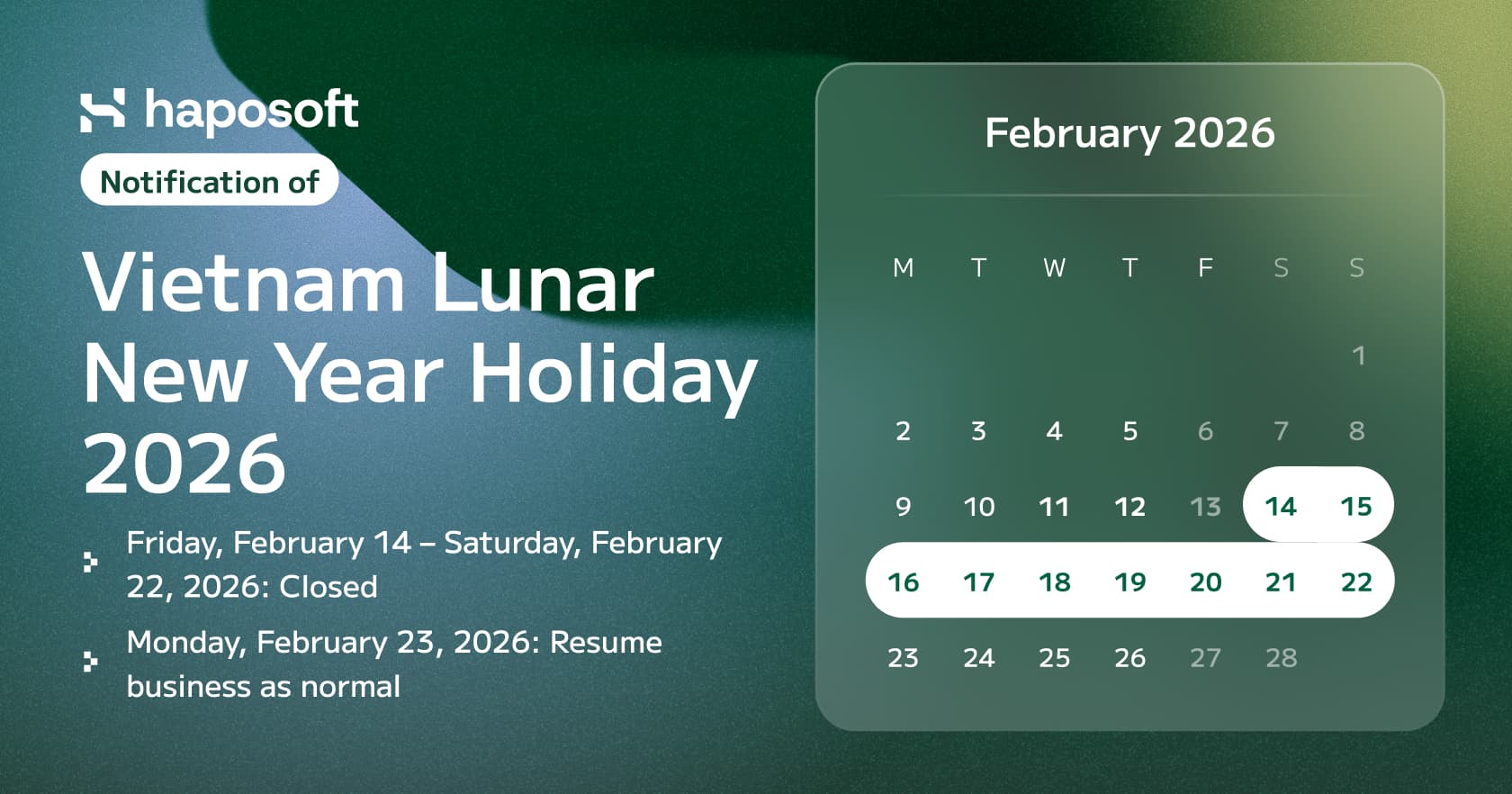 Holiday Closure Announcement – Lunar New Year 2026