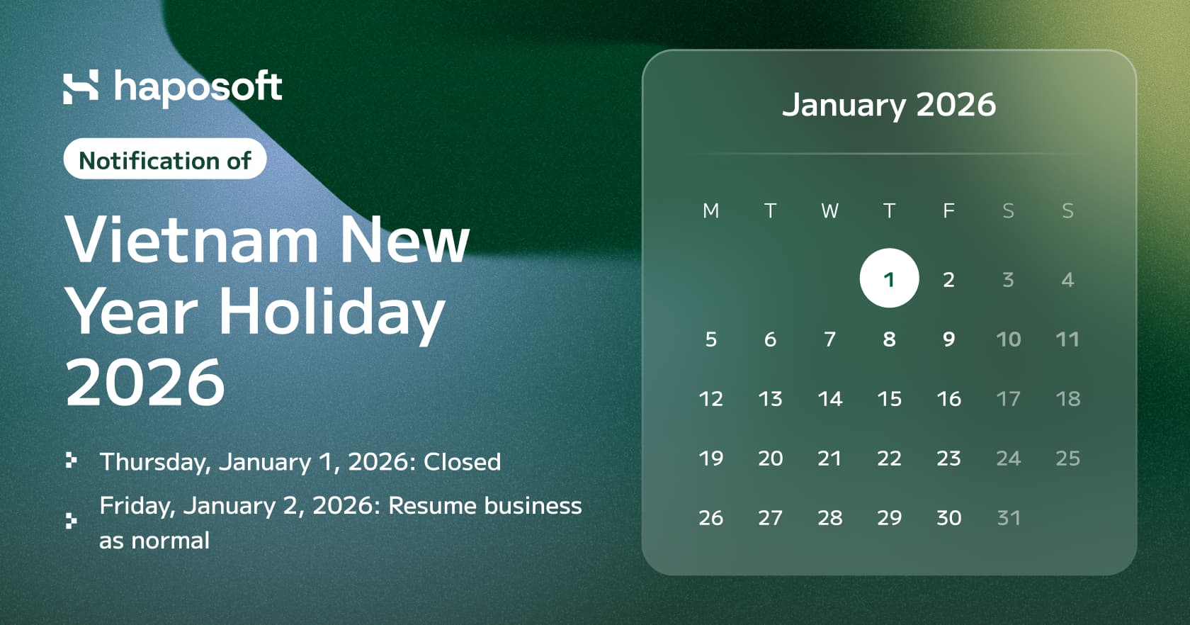 Holiday Closure Announcement – Vietnam New Year Holiday 2026