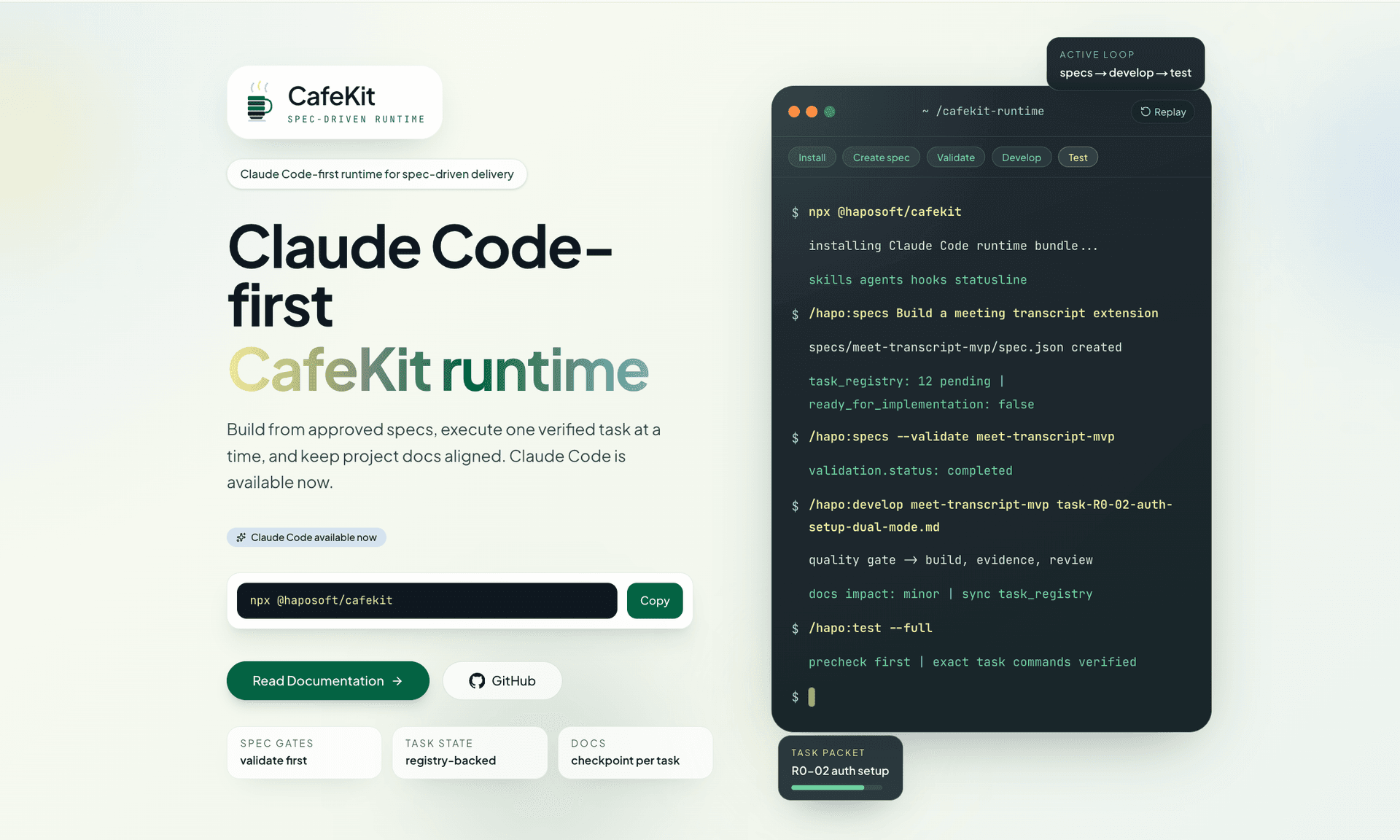Haposoft の CafeKit は自動化された Spec-Driven ワークフローにより、AI を活用した開発プロセスを効率化します。